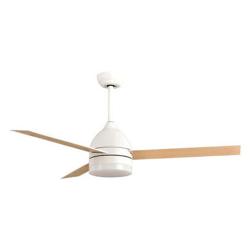 [E.300-25064] VENTILADOR DECORATIVO COLOR BLANCO ASPAS EN MADERA Ø107 MOTOR DC 22W CON LUZ LED Y MANDO A DISTANCIA