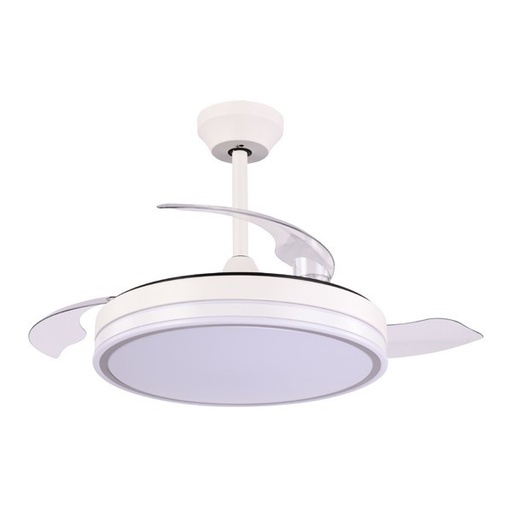 [E.300-25065] VENTILADOR DECORATIVO BLANCO-NIQUEL CON ASPAS RETRÁCTILES, LUZ LED Y CONTROL REMOTO Ø107 MOTOR DC 32W